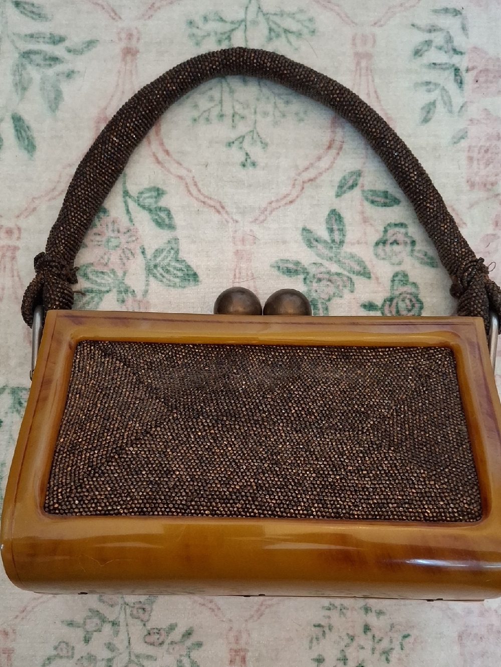 Brown Beaded Frame Clutch with Tortoiseshell-Style Accents